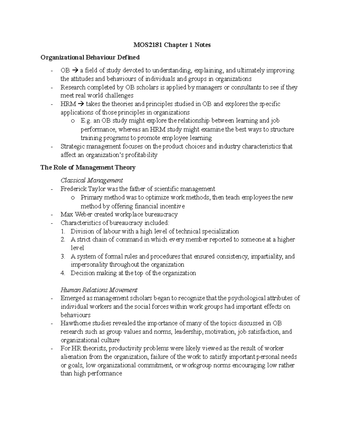 MOS2181 Chapter 1 Notes - MOS2181 Chapter 1 Notes Organizational ...