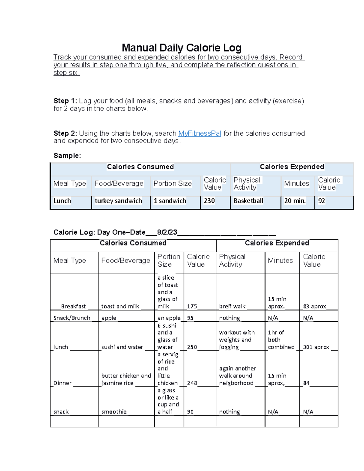 Manual daily calorie log2018 manual daily calorie log track your