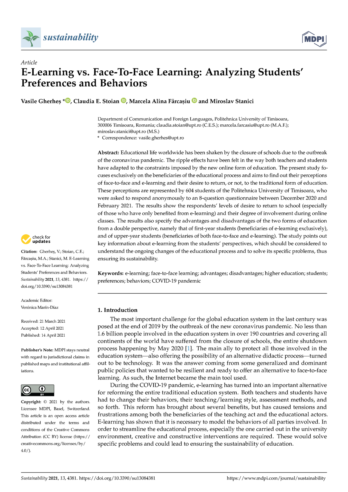 sustainability-13-04381-v2-sustainability-article-e-learning-vs-face