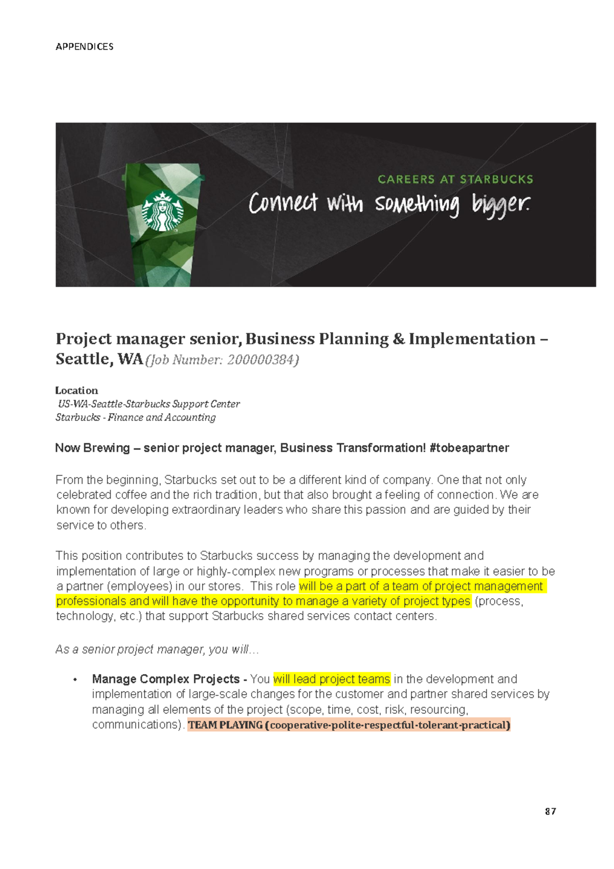 Reading Starbucks Project manager senior, Business Planning