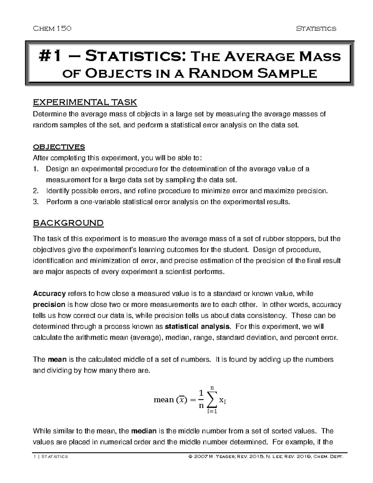 Experiment 1-Statistics Average Mass of a Sample F19 - #1 – Statistics ...