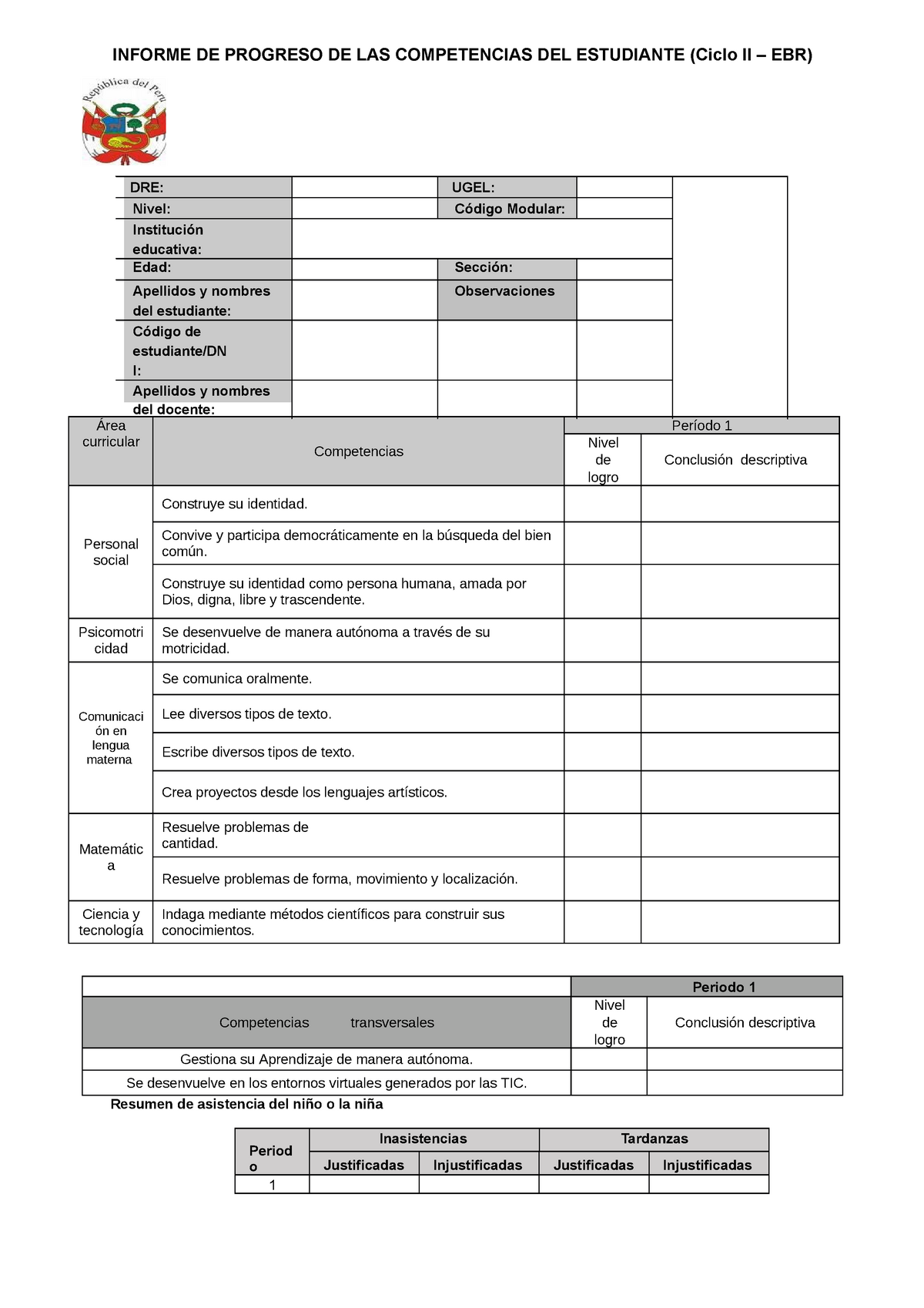 Libretas O Boletas 5 AÑOS PARA NIÑOS DE INICIAL - INFORME DE PROGRESO DE  LAS COMPETENCIAS DEL - Studocu