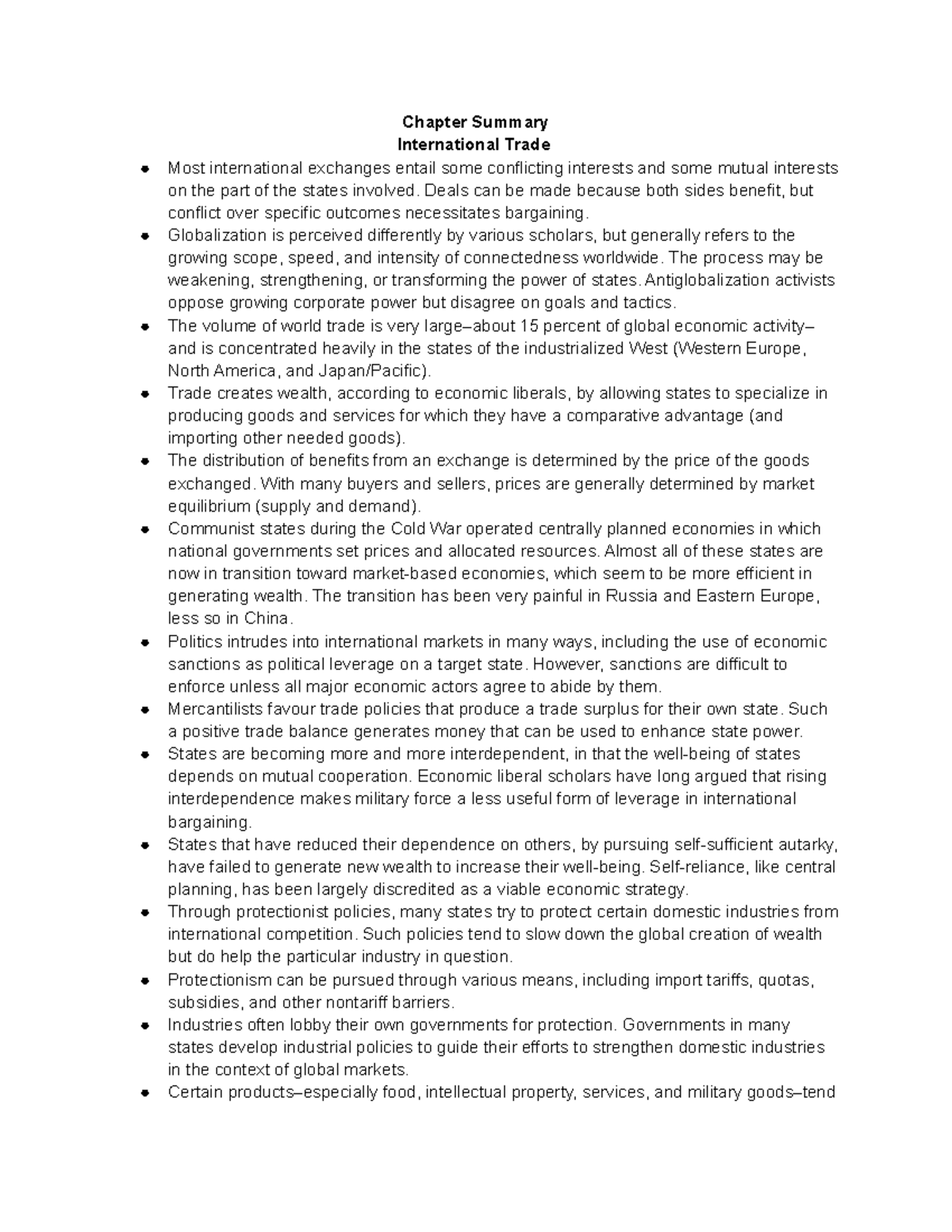 Copy of Ir chapter summary Int. Trade ch 8 - Chapter Summary ...