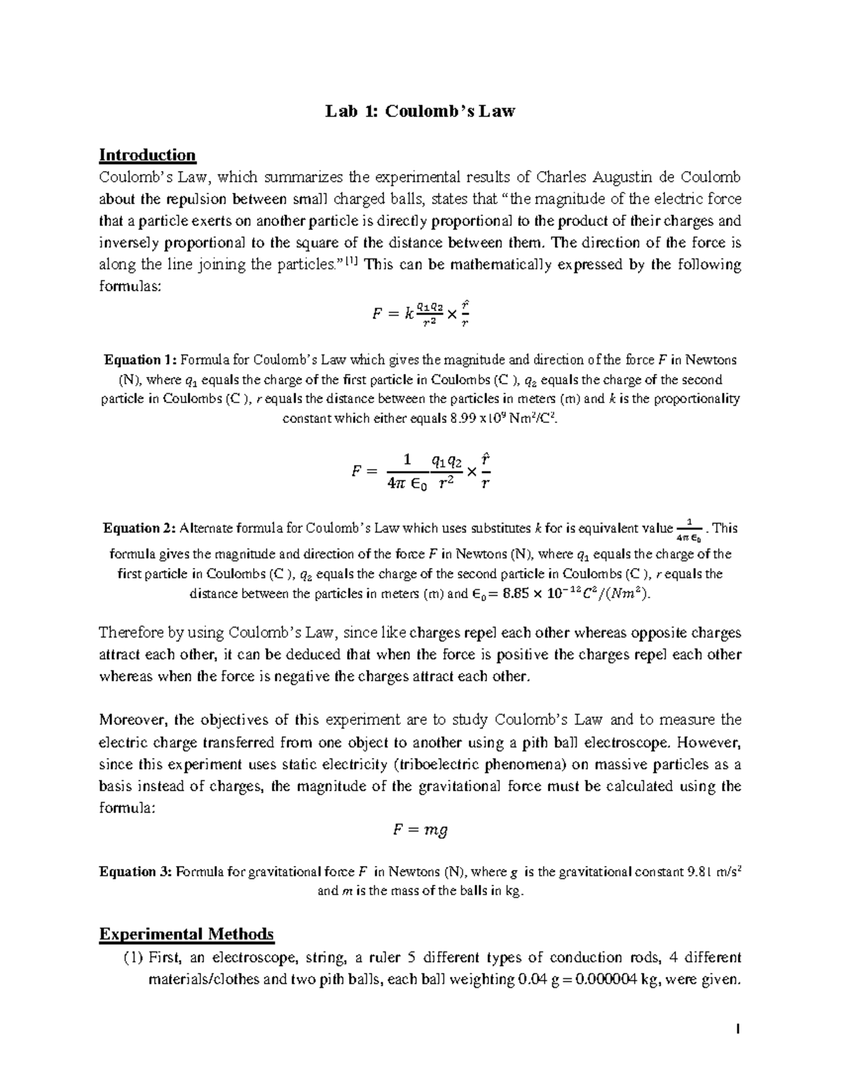 Lab 1 Coulomb's Law Lab Report Lab 1 Coulomb’s Law Introduction