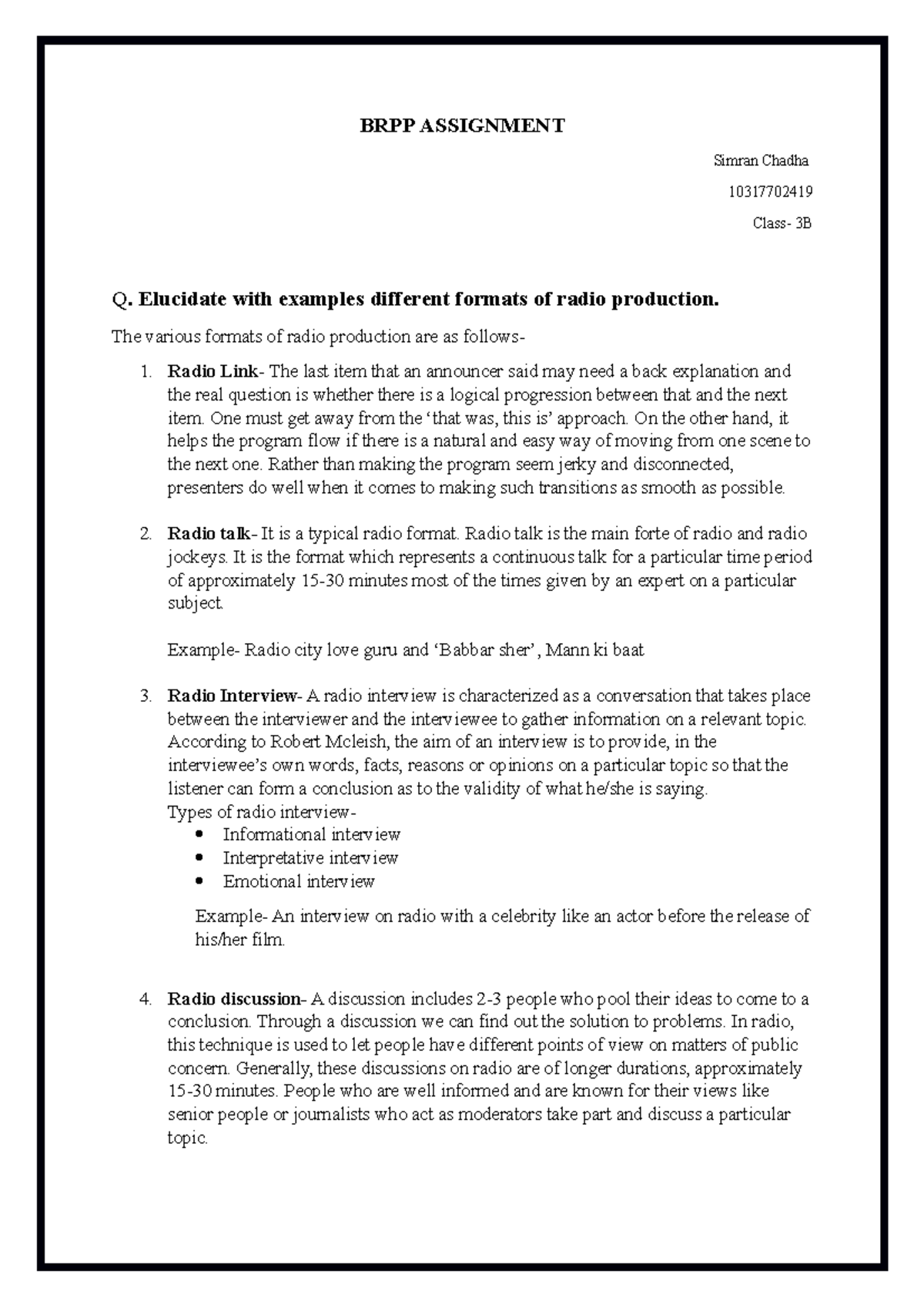Radio formats - BRPP ASSIGNMENT Simran Chadha 10317702419 Class- 3B Q ...