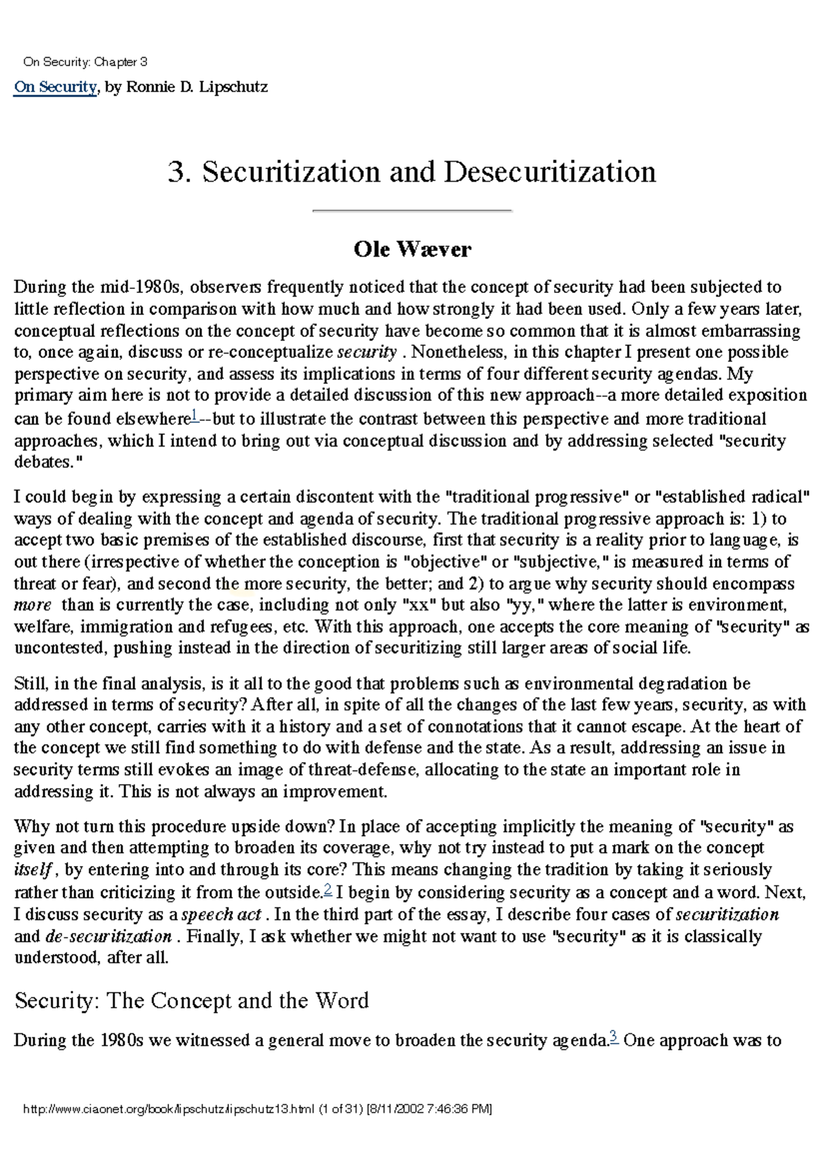 Waever-1995-Securitization and Desecuritizatio - On Security, by Ronnie ...