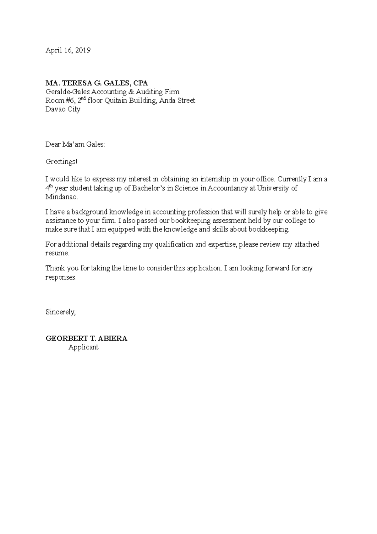 Application Letter . top 5 choices - April 16, 2019 MA. TERESA G. GALES ...