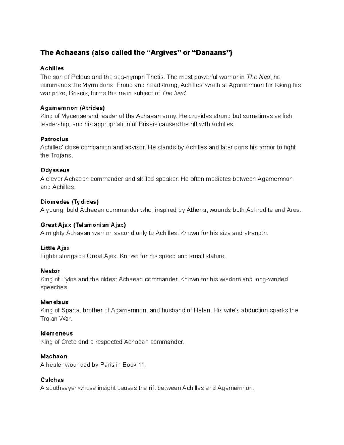 Character List The Illiad - The Achaeans (also called the “Argives” or ...