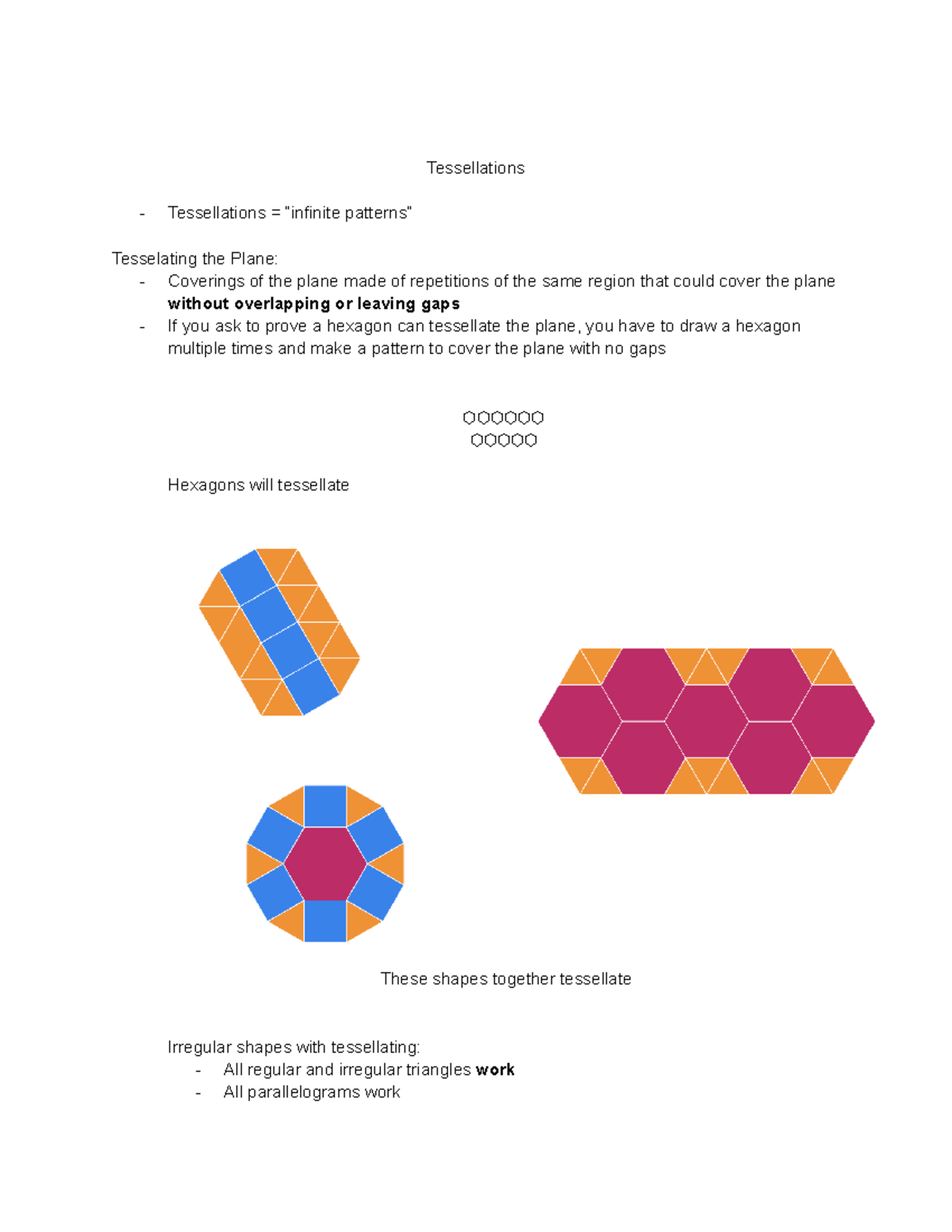 MTED CH. 19 Notes Introduction to tessellating shapes with examples Tessellations