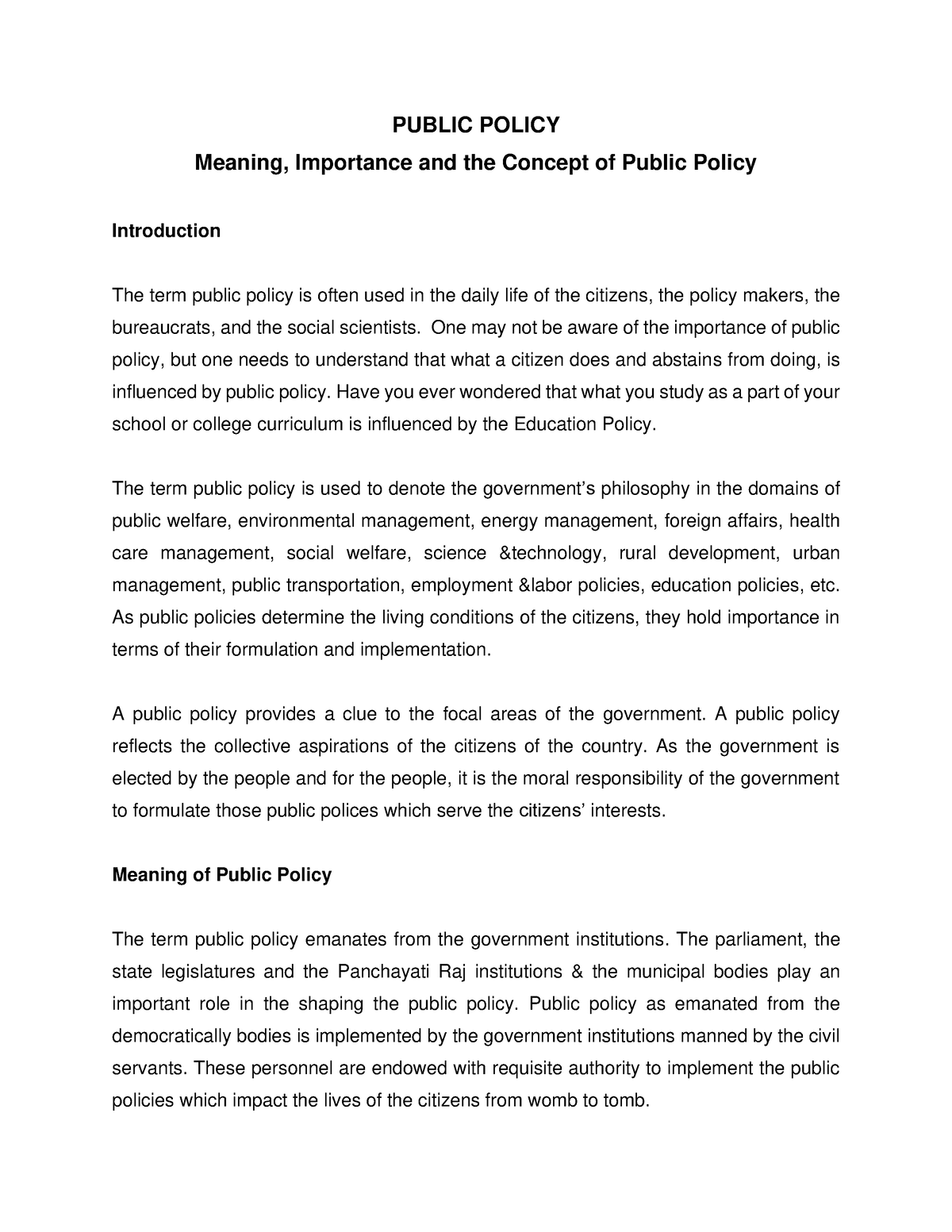 Public Policy-l1 - Public Policy Meaning, Importance And The Concept Of 