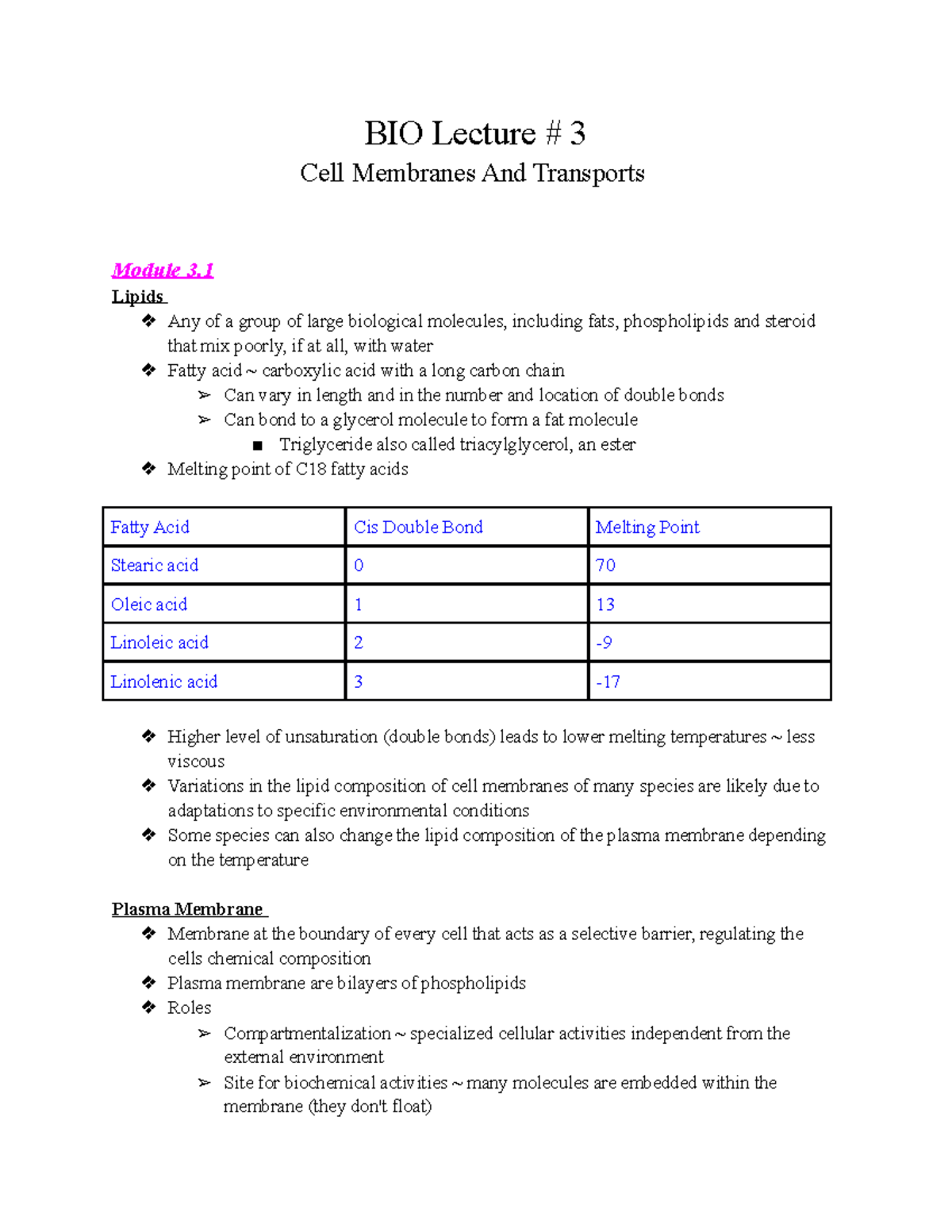 BIO # 3 - Notes On Lecture # 3 - BIO Lecture # 3 Cell Membranes And ...