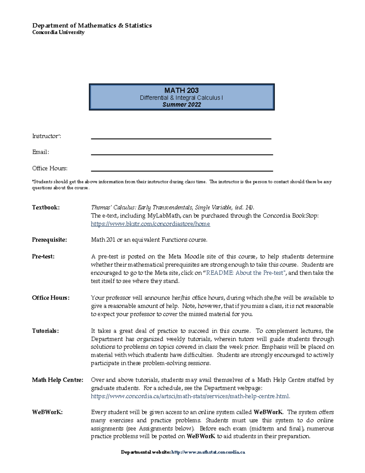 MATH203 1 22 - Course description and outline. - Departmental website ...