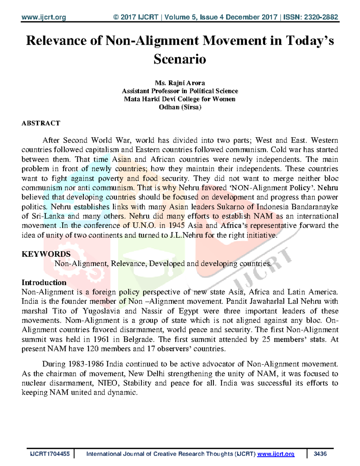 Ijcrt 1704455 - Summary BA(P) political science - Relevance of Non ...