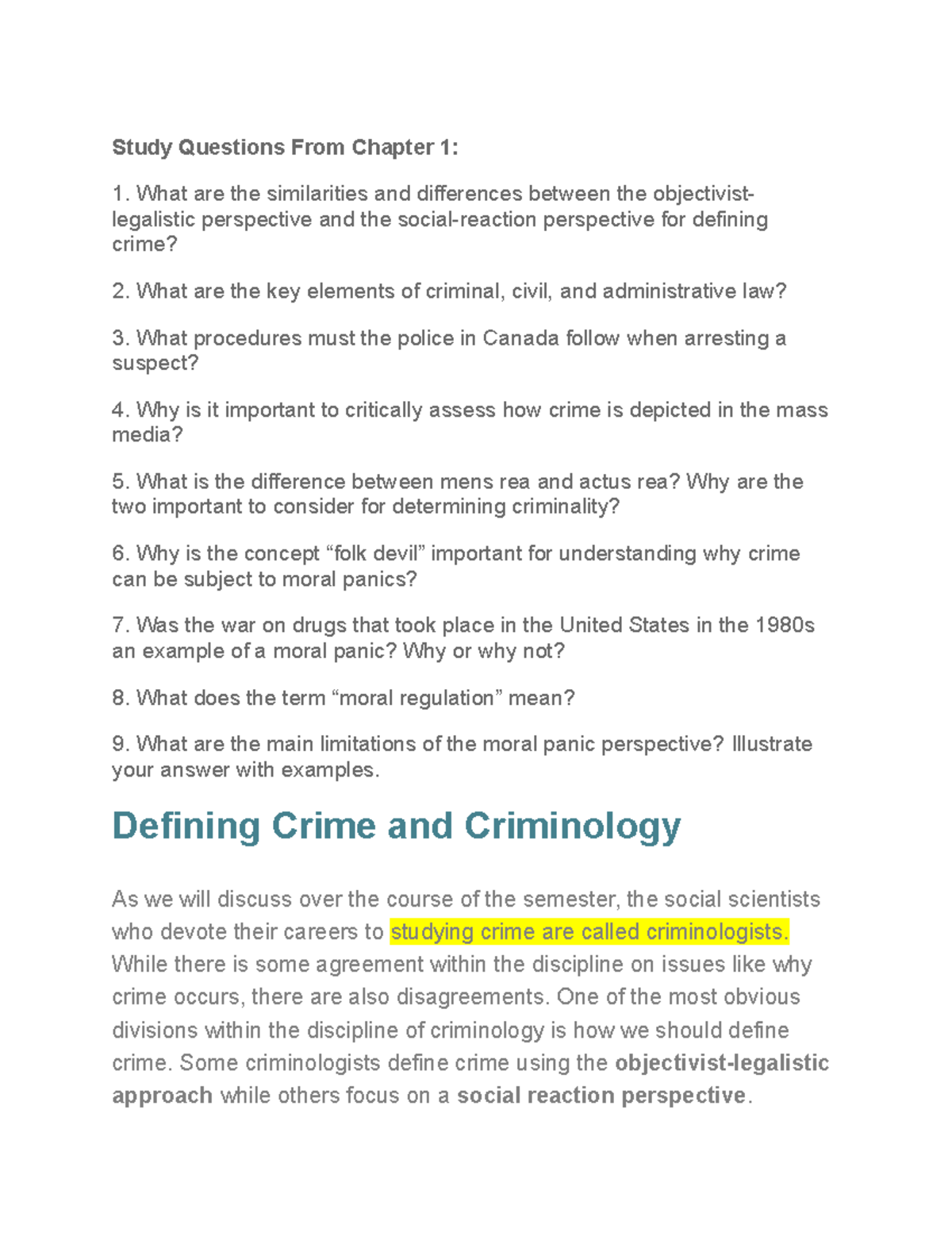 Lesson 1 - crime - Study Questions From Chapter 1: What are the ...