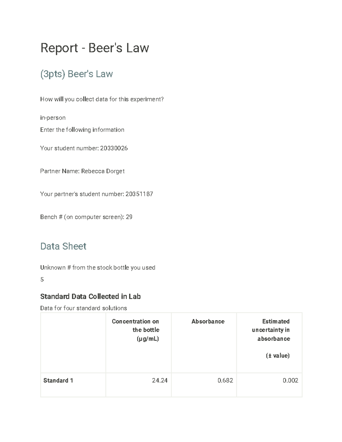 Report Beer's Law Report Beer's Law (3pts) Beer's Law How will