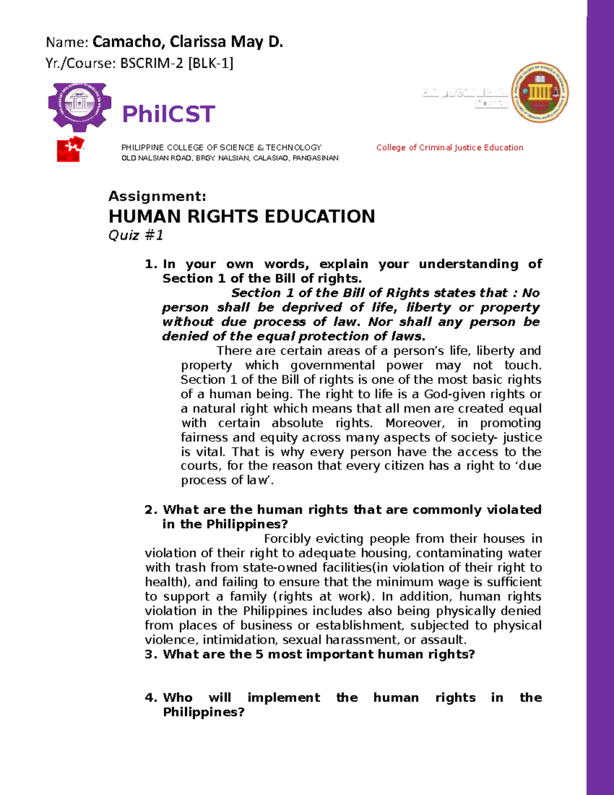 Assignment Template - Human Rights Education, Bill of Rights - PhilCST ...