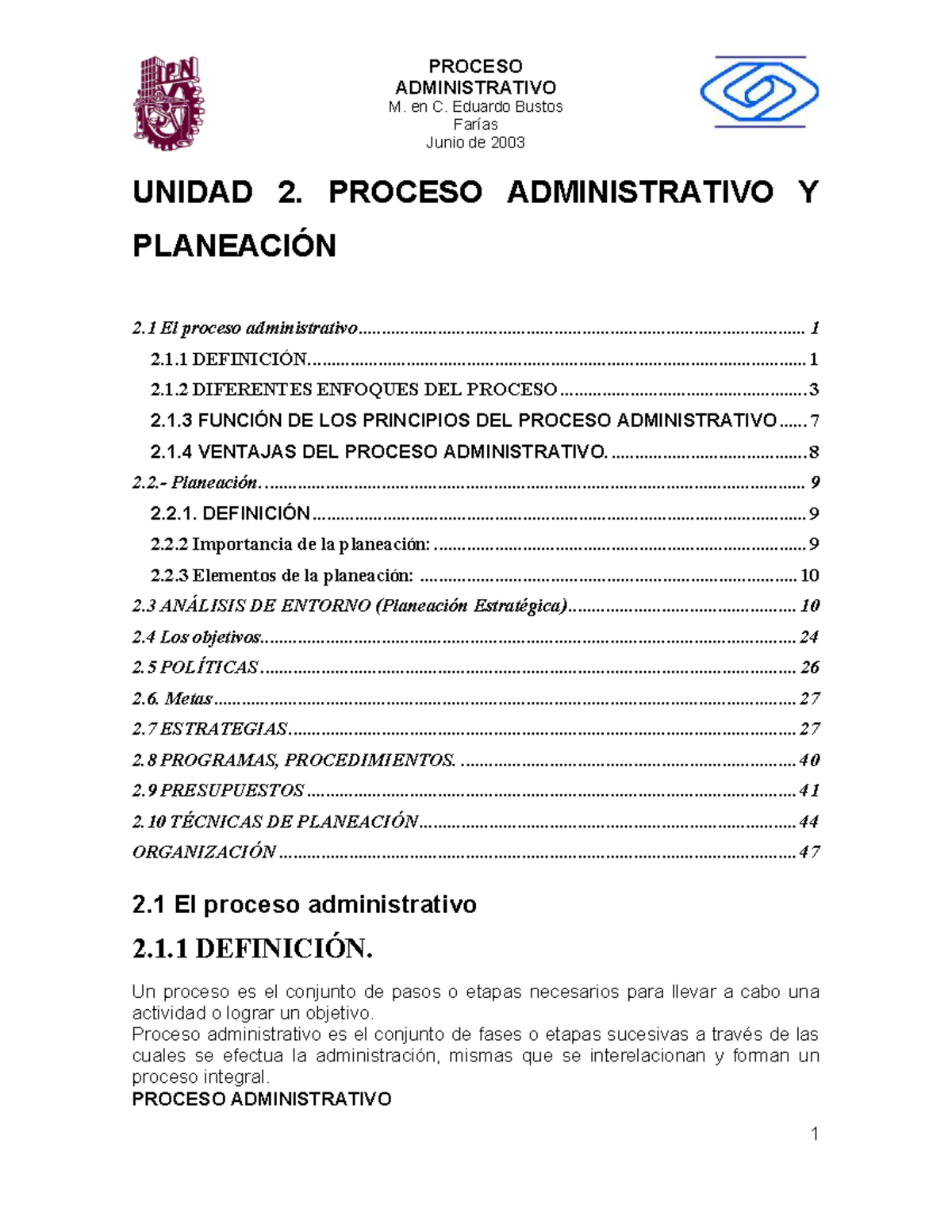 Proceso Administrativo Unidad 2 Proceso - ADMINISTRATIVO M. En C ...