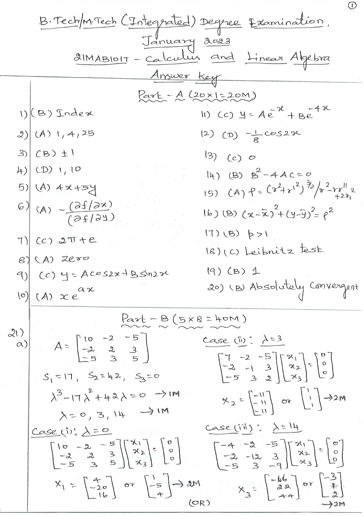 21MAB101T Answer Key - Calculus And Linear Algebra - Studocu