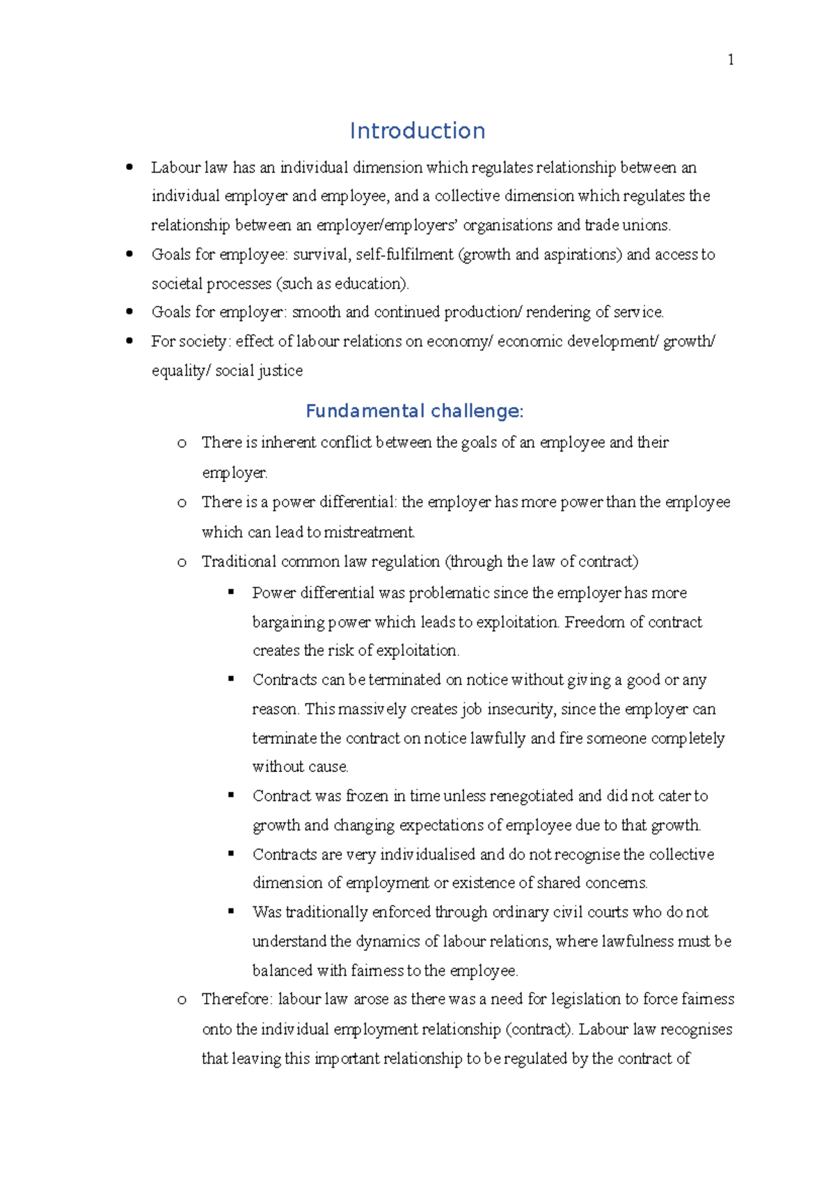 Merc 311 Labour Law class notes - Introduction Labour law has an ...