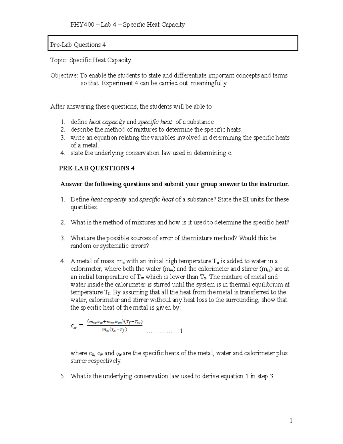 Expt 4 - PHY400 -Specific Heat Capacity - 10.8.10 - word 2003 - Pre-Lab ...