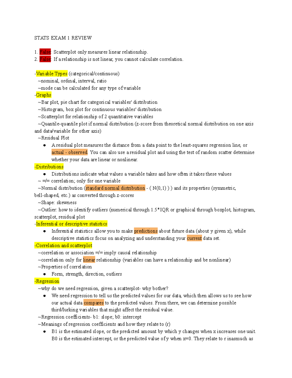 Psych Stats Exam 1 Study Guide - STATS EXAM 1 REVIEW False: Scatterplot ...