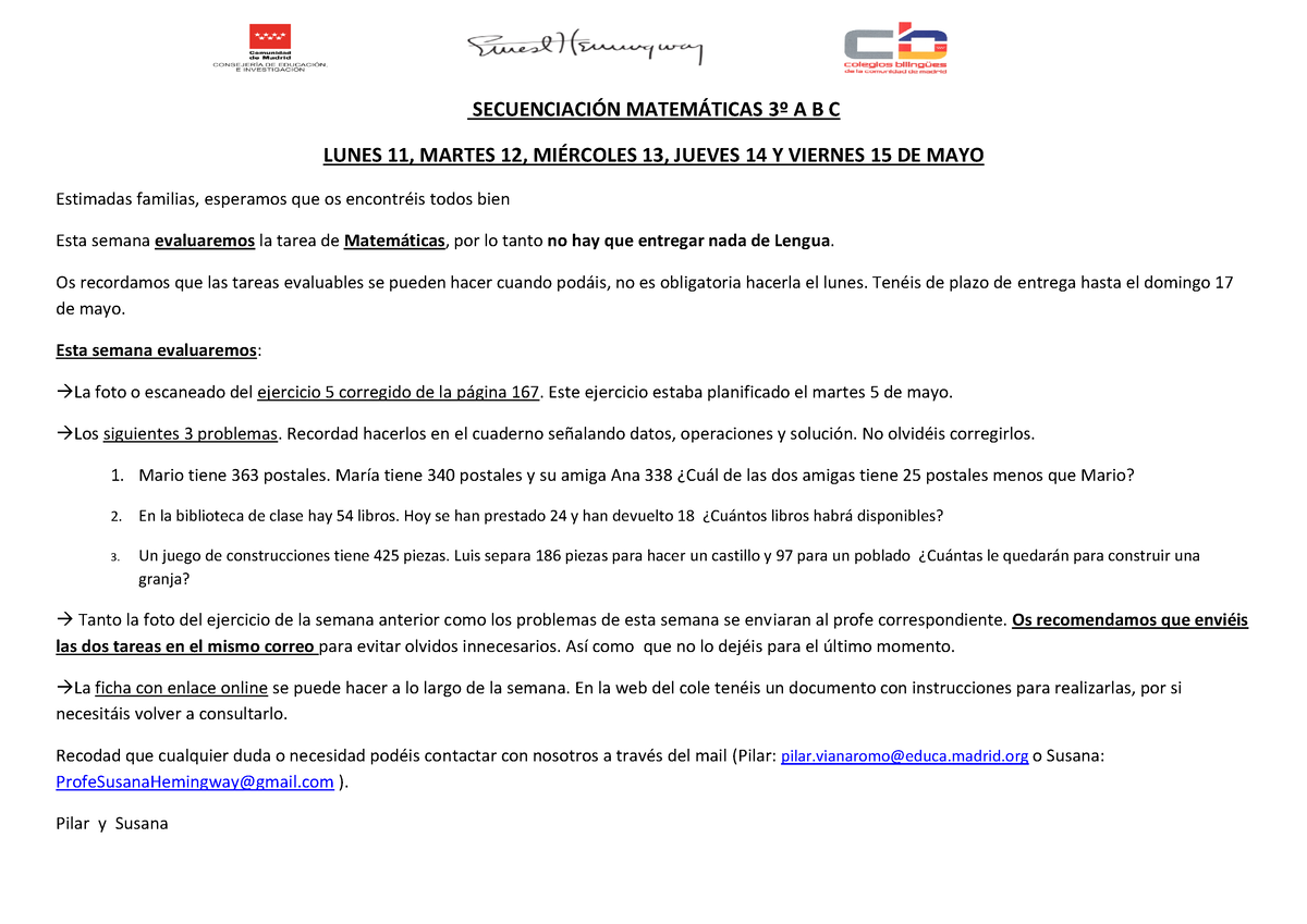 Matemáticas 3º 11 Al 15 Mayo - SECUENCIACI”N MATEM¡TICAS 3∫ A B C LUNES ...