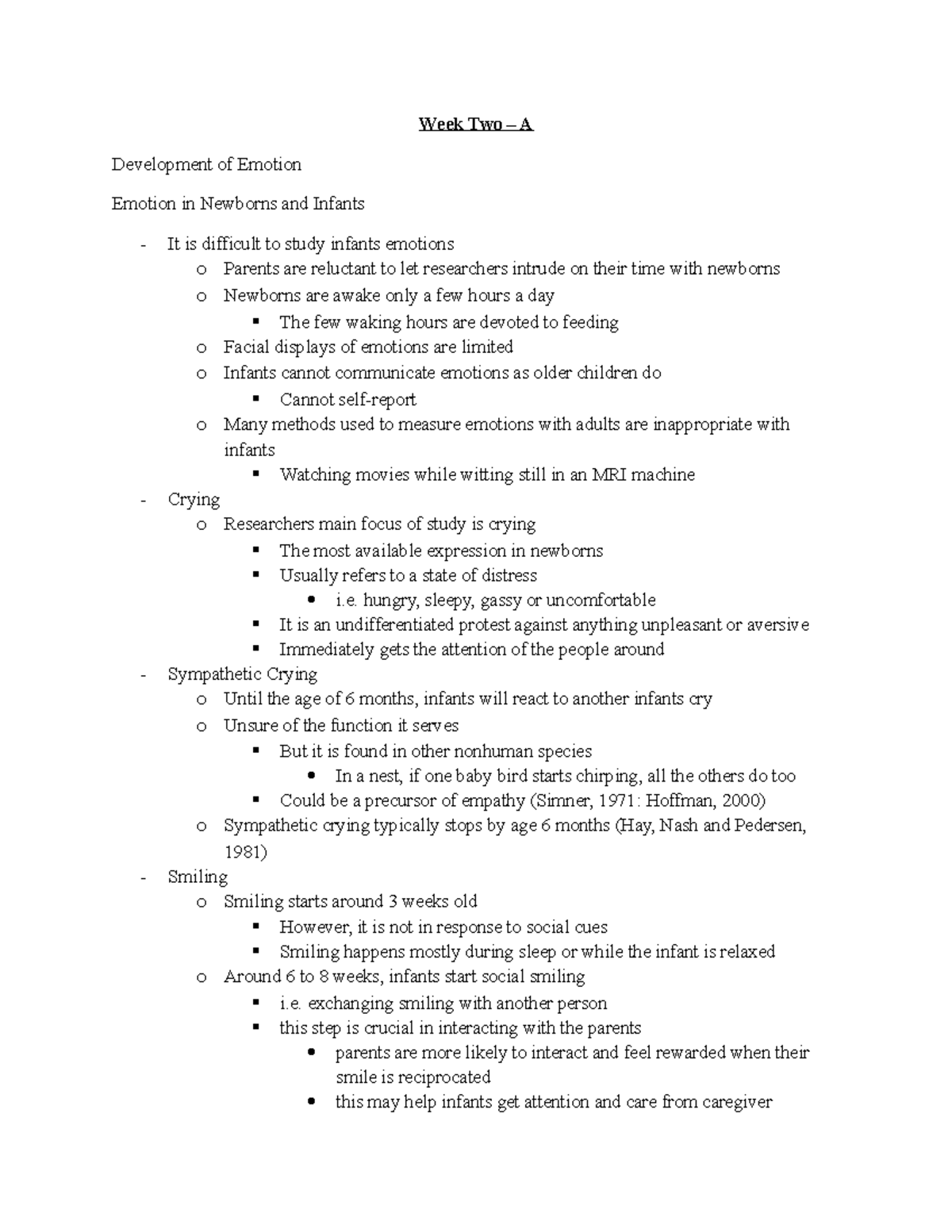 Week Two - Lecture notes 2 - Week Two – A Development of Emotion ...