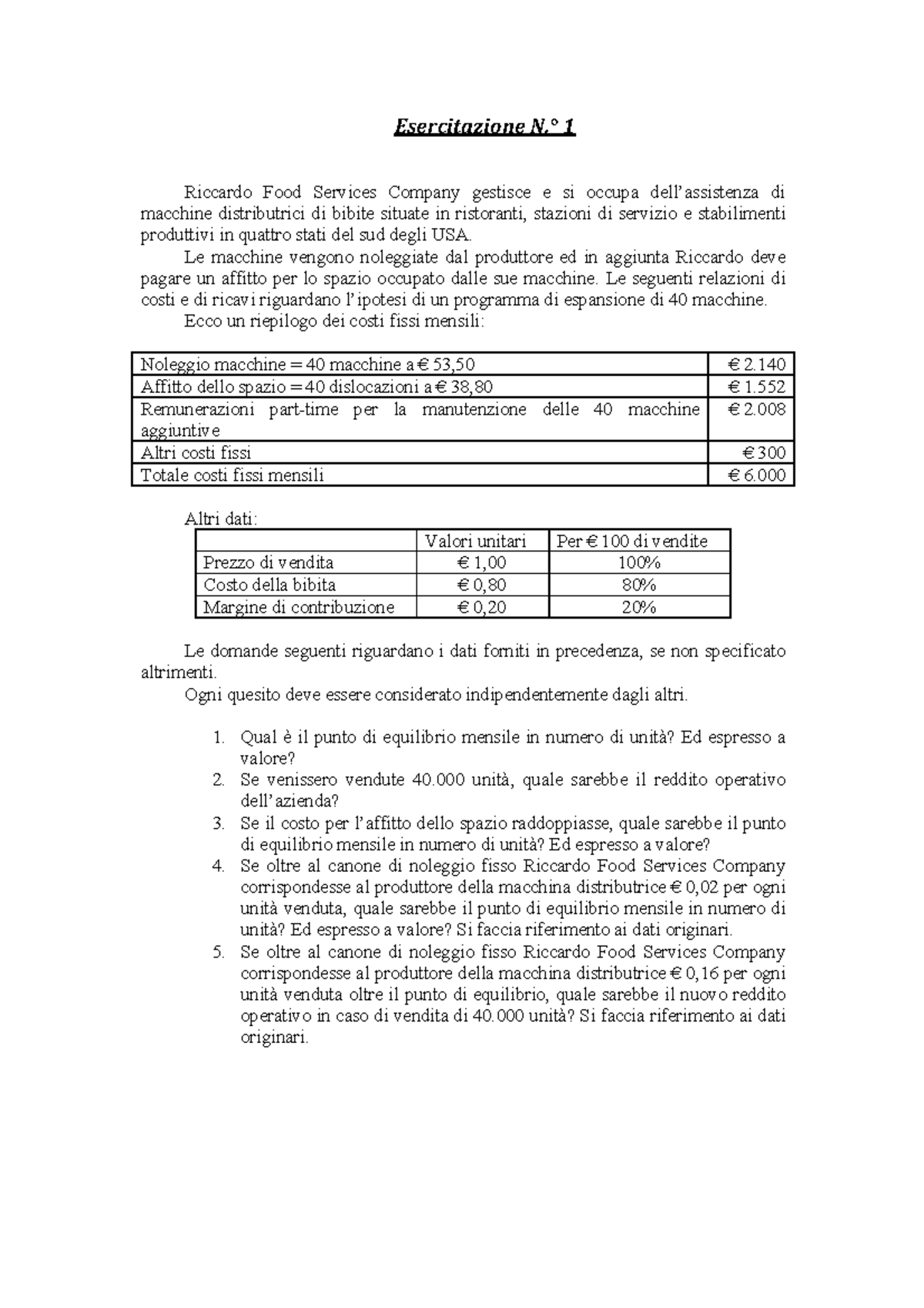 Esercizi Svolti Su CVR - Esercitazione N.° 1 Riccardo Food Services ...