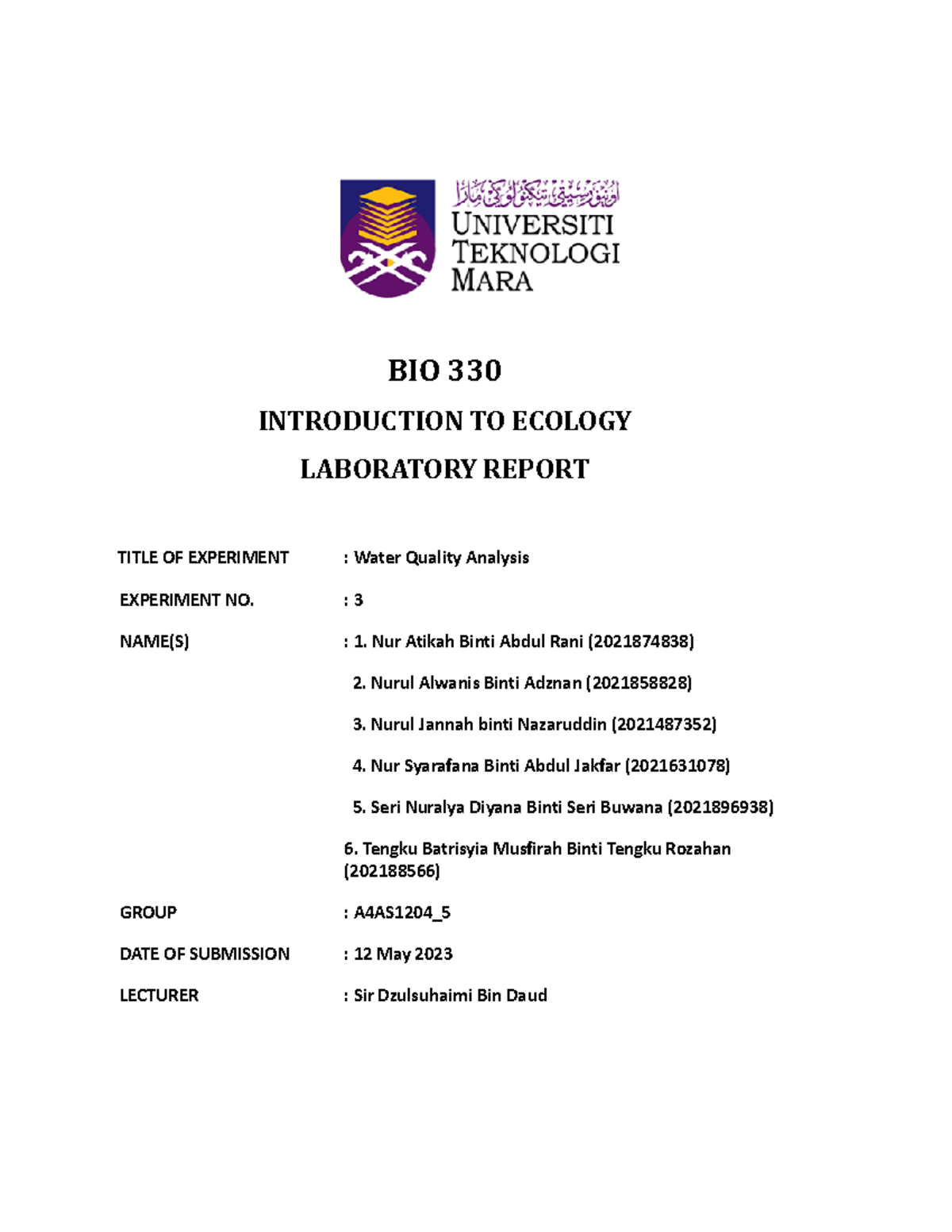 LAB Report BIO 330 Experiment 3 Water Quality Analysis BIO 330