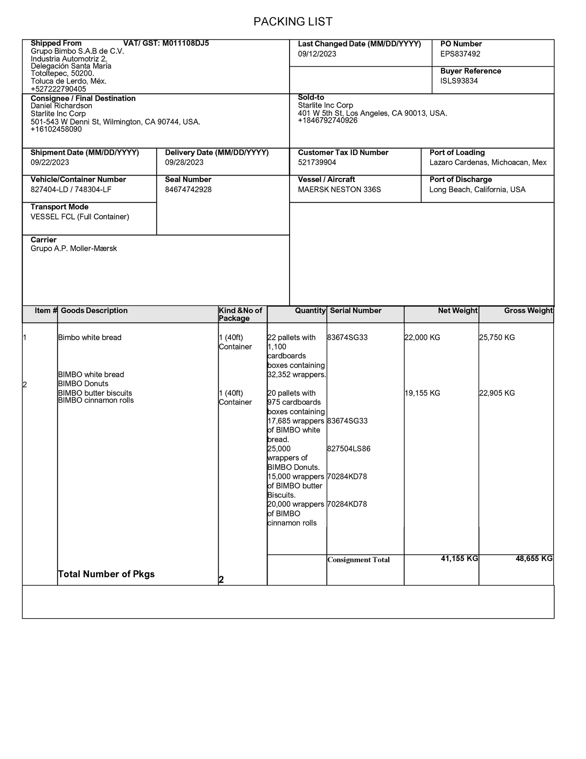 Packing List Bimbo - PACKING LIST Shipped From VAT/ GST: M011108DJ ...