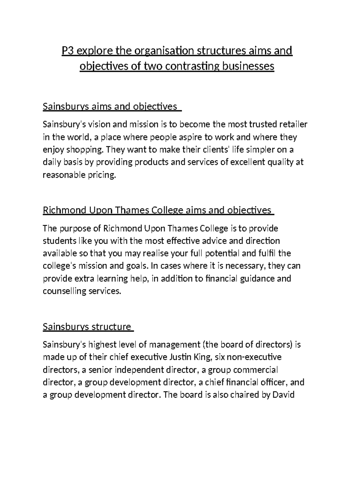 P3 explore the organisation structures aims and objectives of two ...
