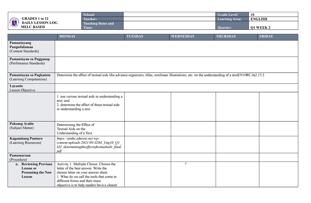 MELC DLL ENG 10 WEEK 2 Q1 DONE - GRADES 1 to 12 DAILY LESSON LOG MELC ...