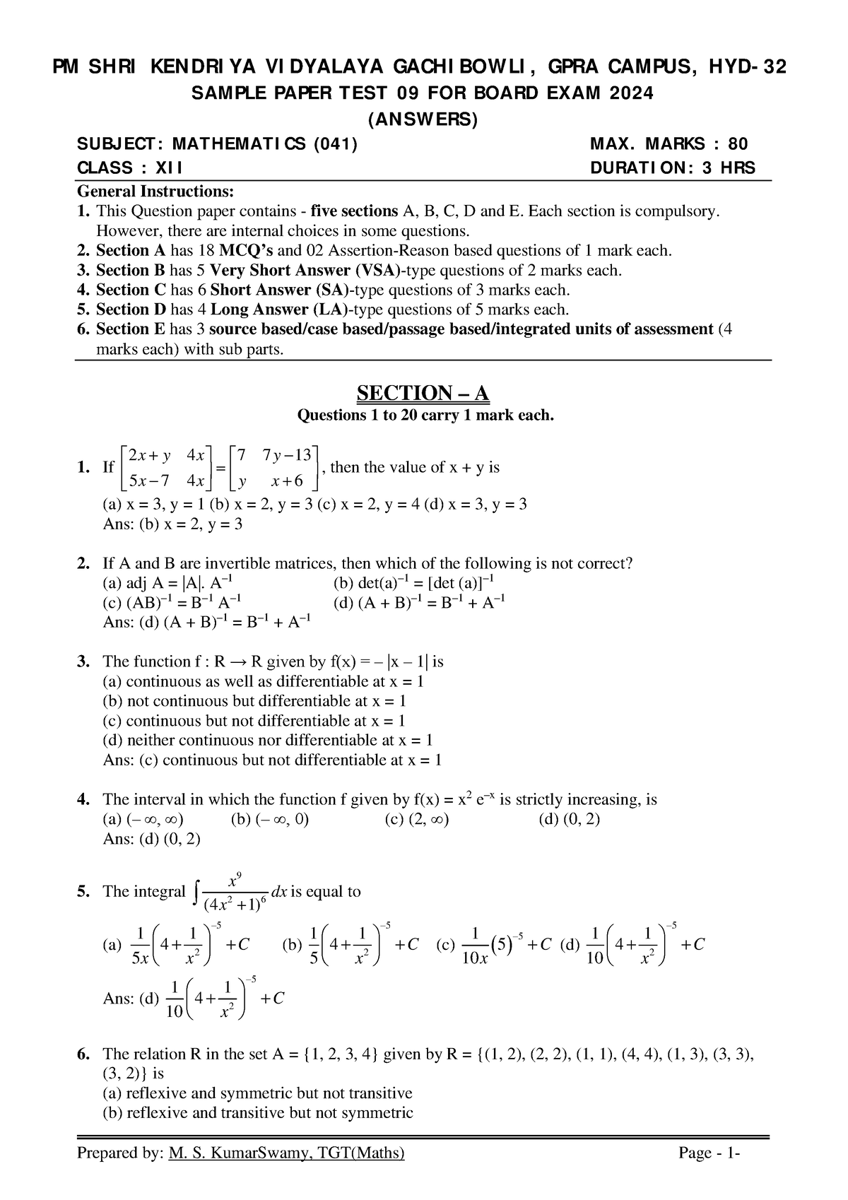 Maths Class Xii Sample Paper Test 09 For Board Exam 2024 Answers   Thumb 1200 1698 