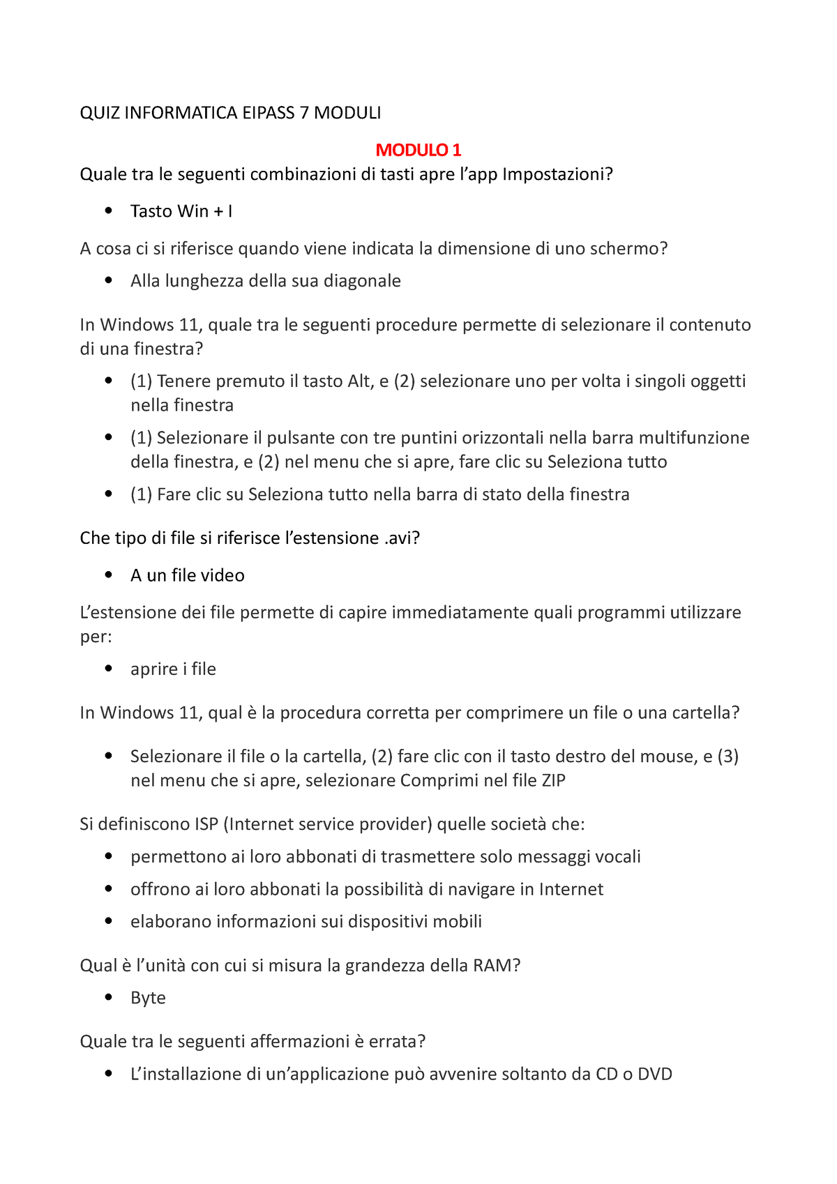 QUIZ Informatica Eipass 7 Moduli - madulo 1,2,3 - QUIZ INFORMATICA EIPASS 7  MODULI MODULO 1 Quale - Studocu