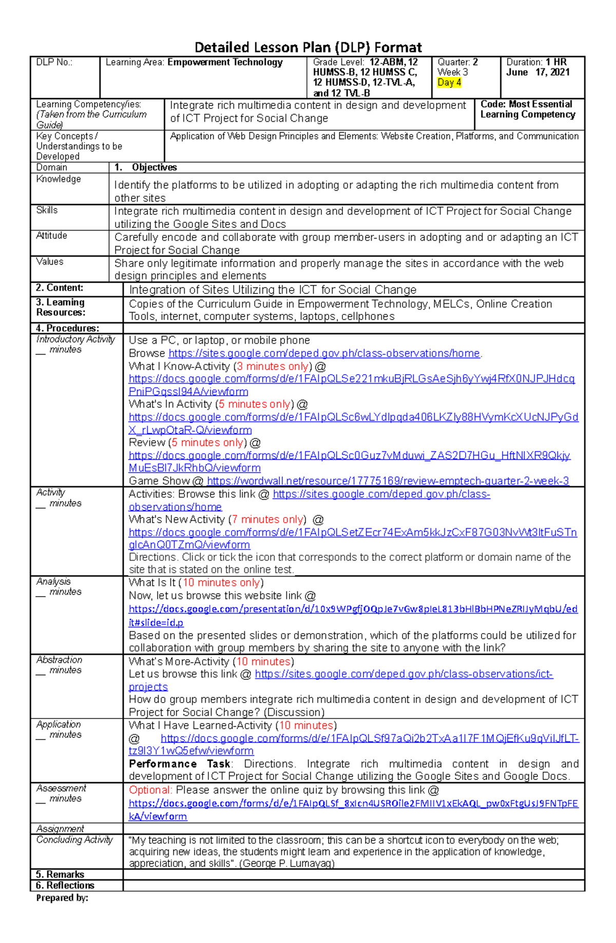 Emp Tech 11 or 12 DLP for CO 2021 prepared on 06 - Detailed Lesson Plan ...