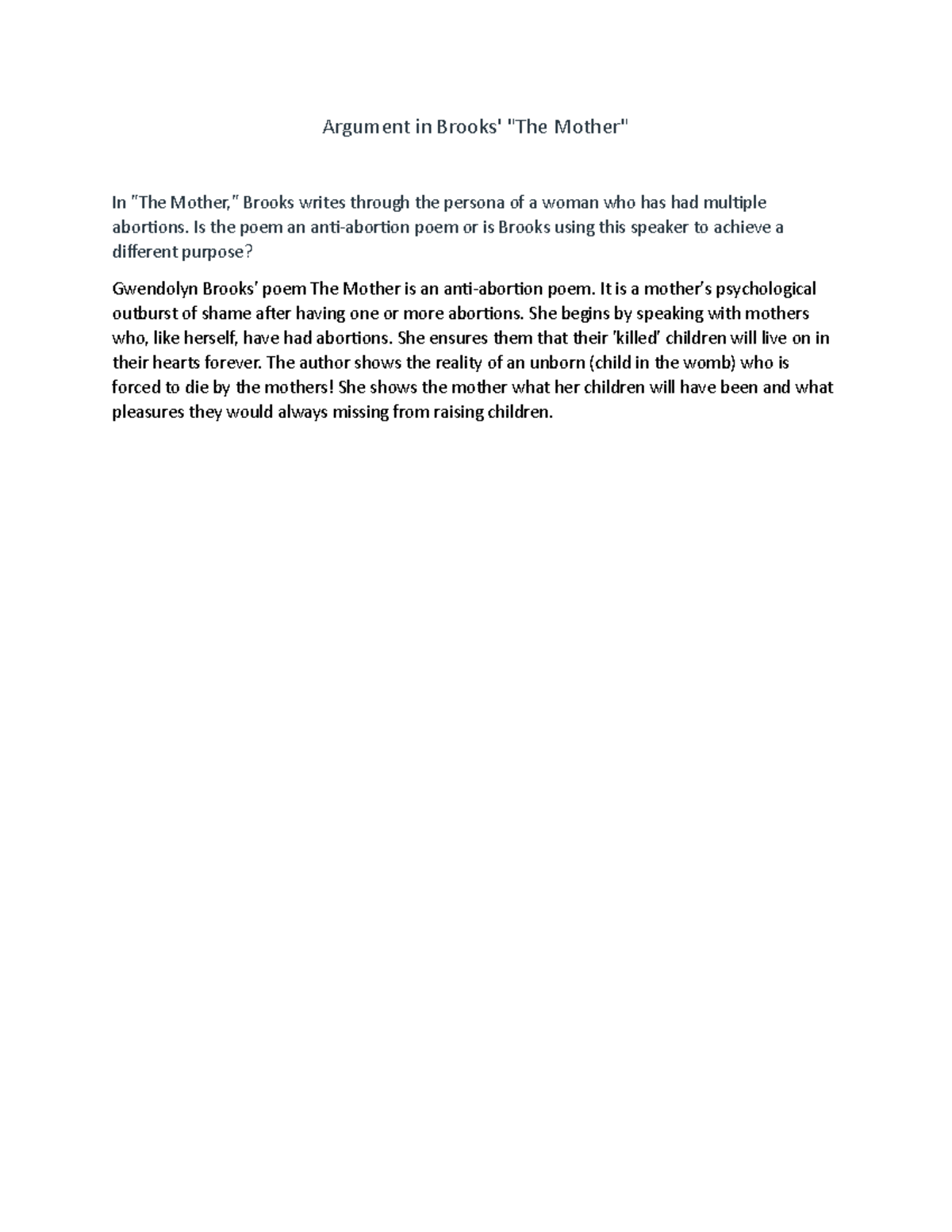 The Mother - essays - Argument in Brooks' "The Mother" In "The Mother ...