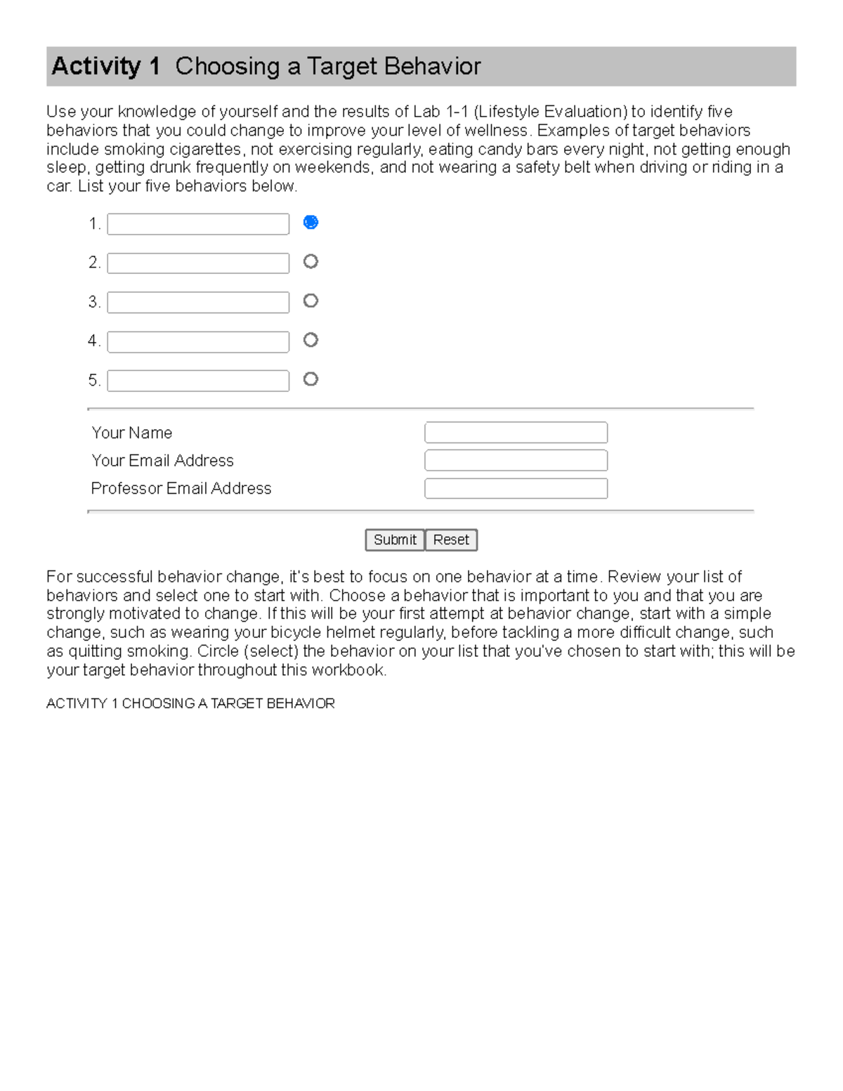 Activity 1 Choosing a Target Behavior - Activity 1 Choosing a Target ...