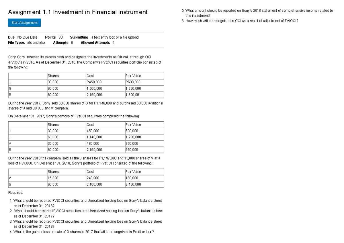 Assignment 1.1 Investment in Financial instrument - Assignment 1 ...