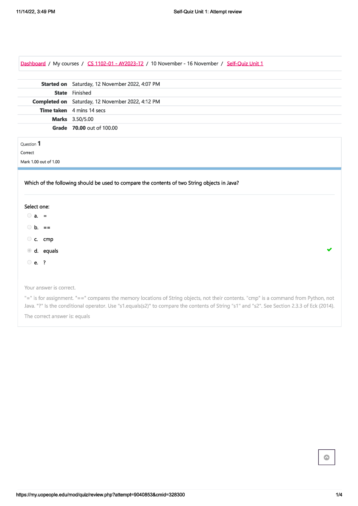 CS1102 Self Quiz Unit 1 - CS 1102 - Studocu