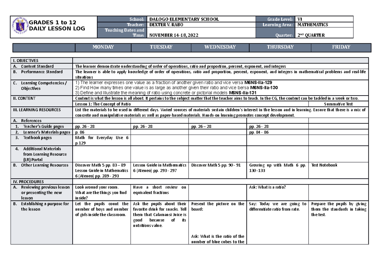 DLL MATH 6 Q2 W1 - CHIWA S. CHIWA - GRADES 1 to 12 DAILY LESSON LOG ...