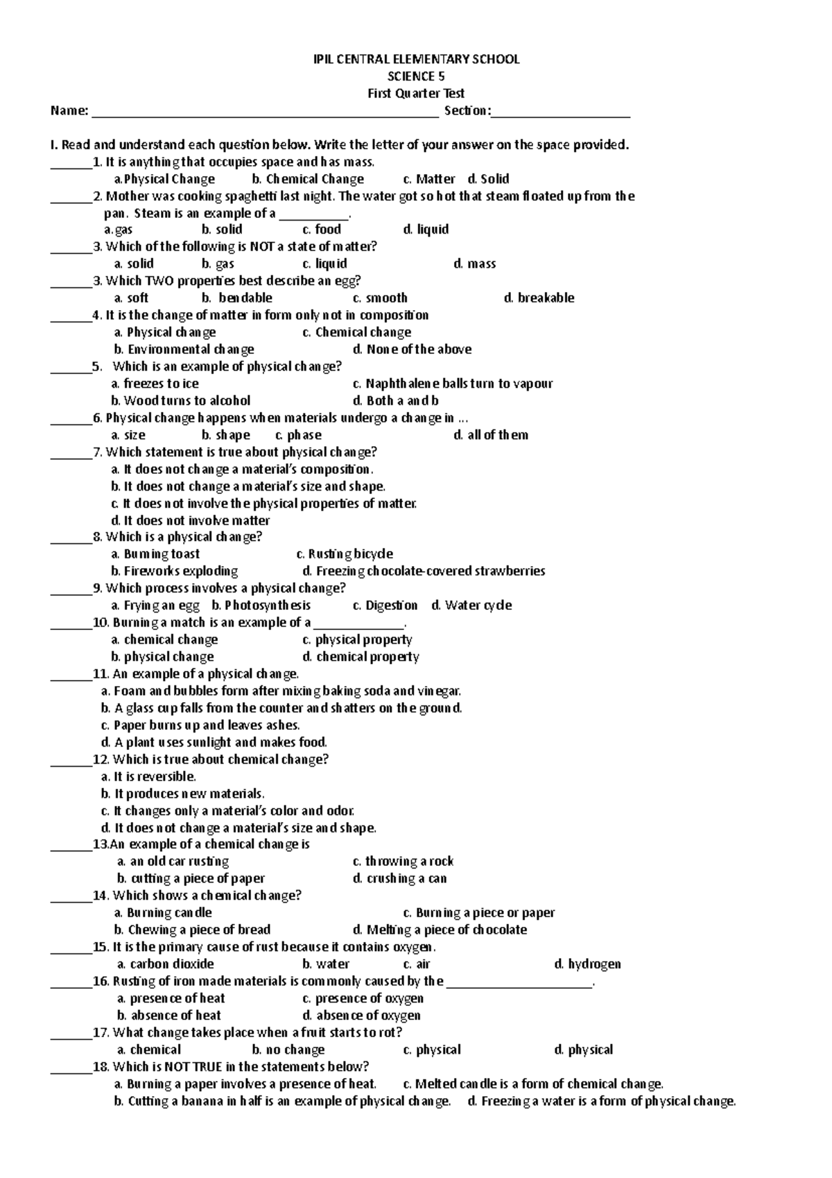 Science First Quarter TEST - IPIL CENTRAL ELEMENTARY SCHOOL SCIENCE 5 ...