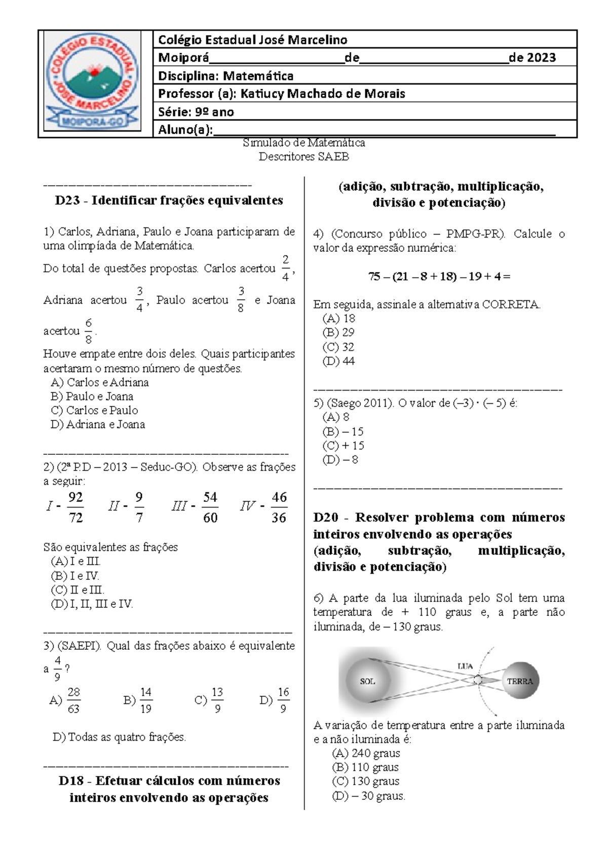 QUIZ DE MATEMÁTICA - QUESTÕES DE CONCURSO - FRAÇÕES E NÚMEROS