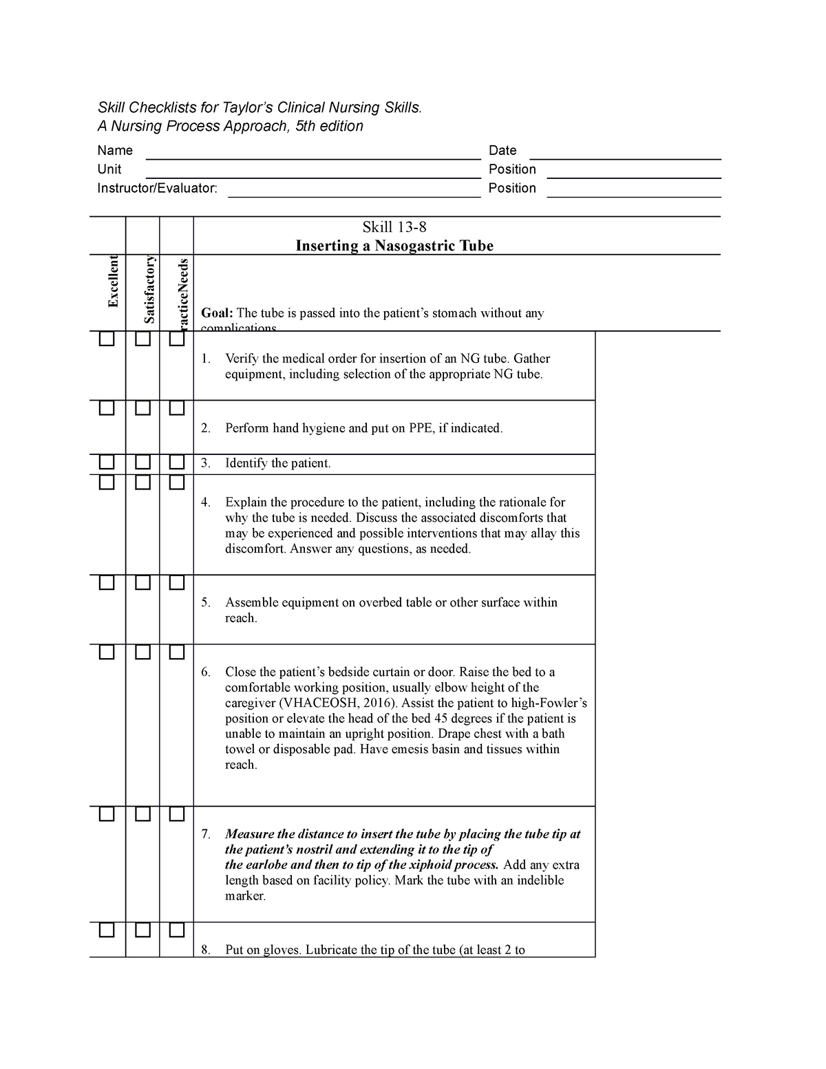 Skill Checklist Ngt Insertion Skill Checklists For Taylors Clinical Nursing Skills A 3905