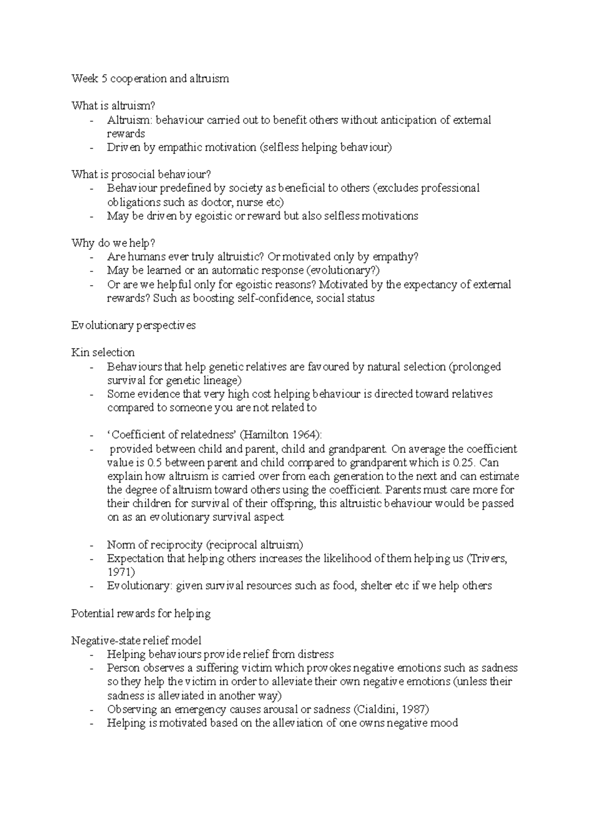 Week 5 cooperation and altruism - Week 5 cooperation and altruism What ...
