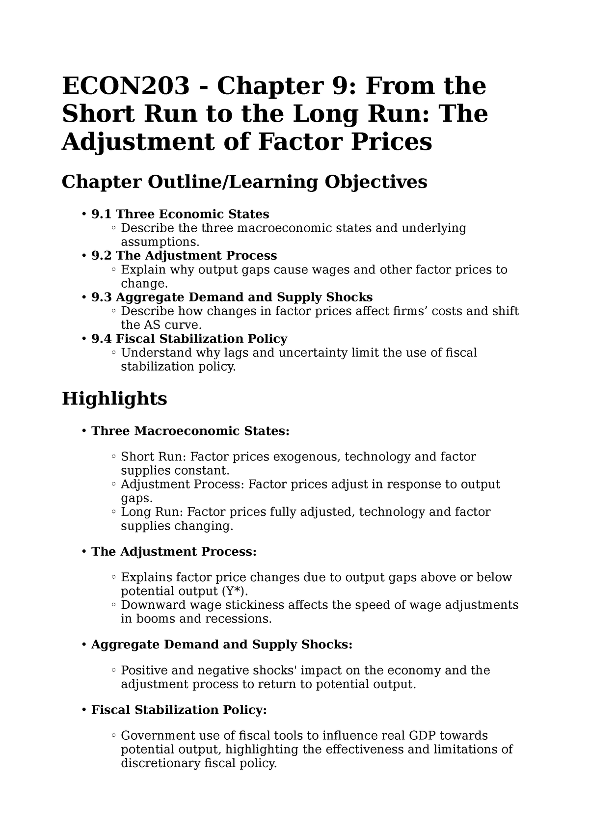 ECON203 Chapter 9 Notes - ECON203 - Chapter 9: From The Short Run To ...