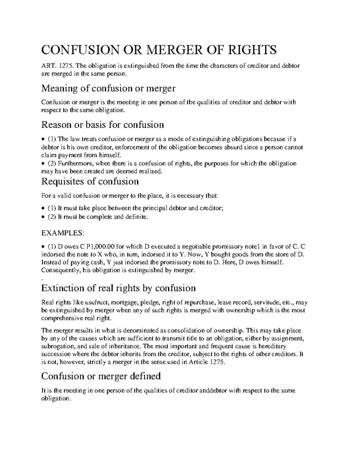 Confusion OR Merger OF Rights - CONFUSION OR MERGER OF RIGHTS ART. 1275 ...