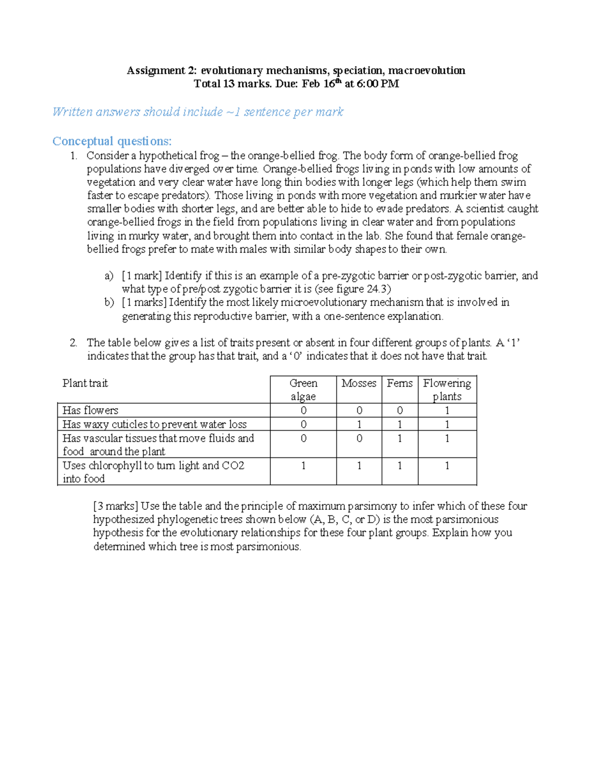 Assignment 2 - questions hw 2 - Assignment 2: evolutionary mechanisms ...