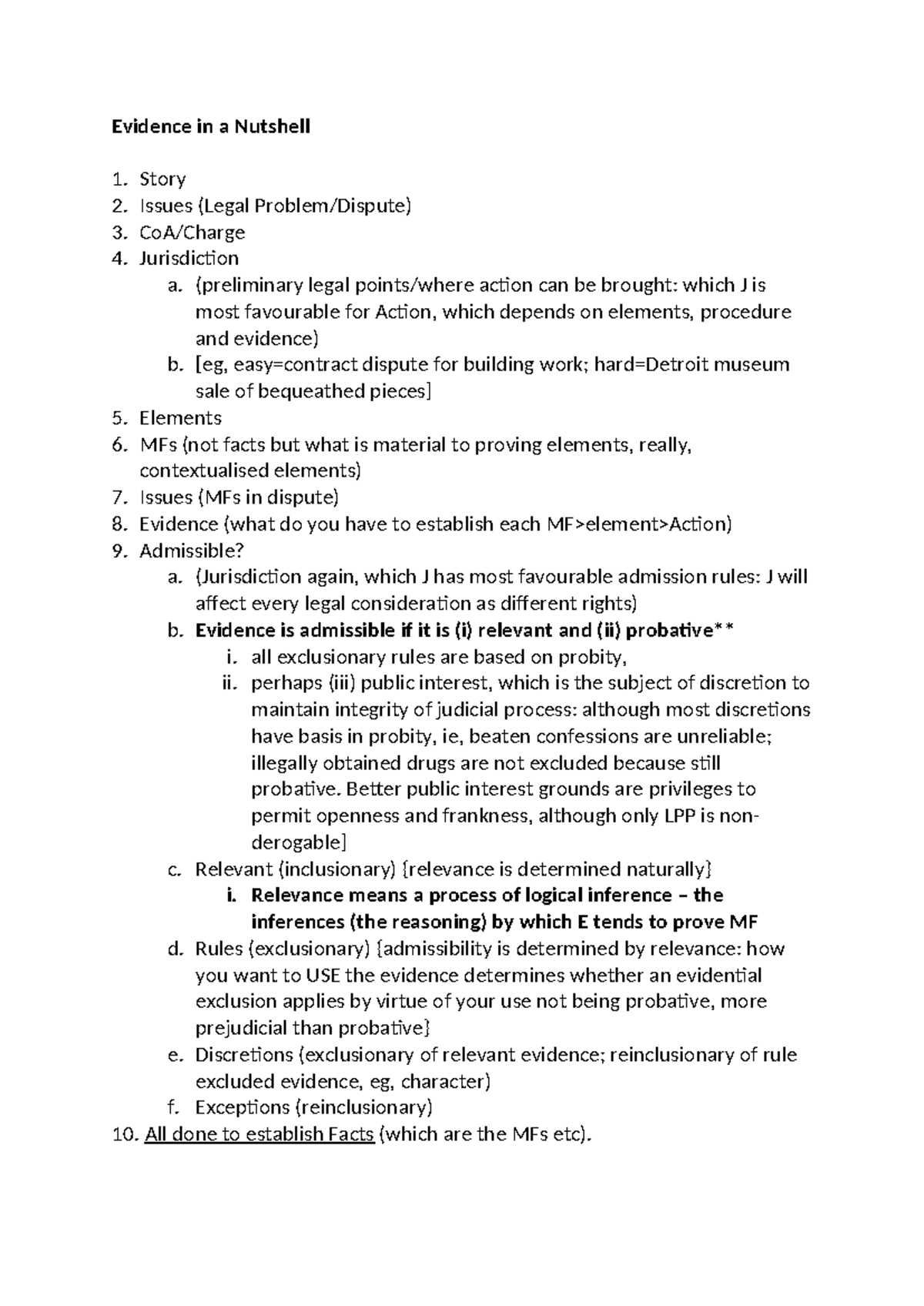 Evidence outline - Evidence in a Nutshell Story Issues (Legal Problem ...