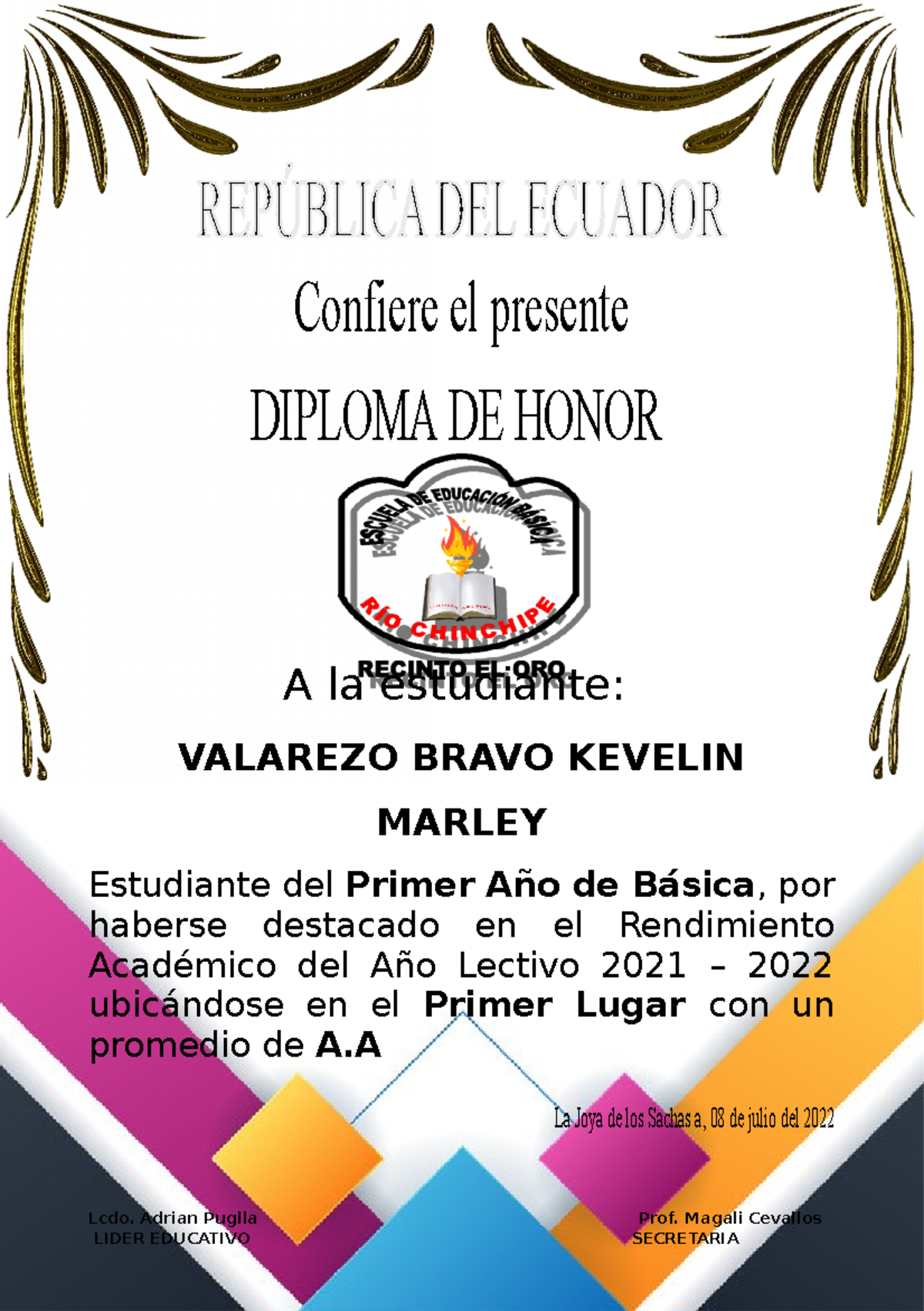 Certificado diploma primaria profesional azul oro Confiere el