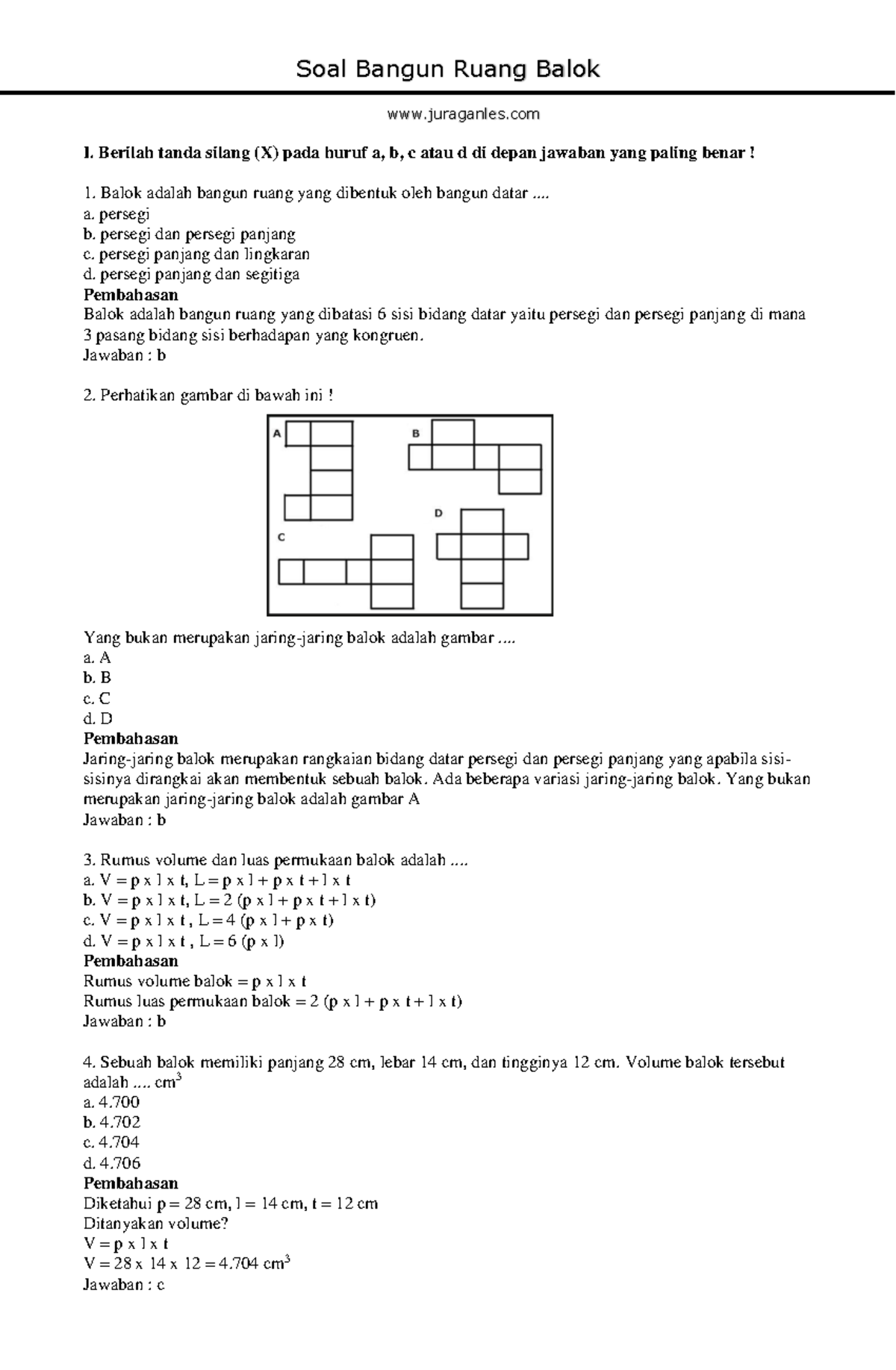 Soal Bangun Ruang Balok Plus Kunci Jawaban - I. Berilah Tanda Silang (X ...